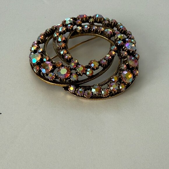 Vintage Florenza Aurora Borealis Rhinestone Gold-Tone Brooch - Picture 3 of 6